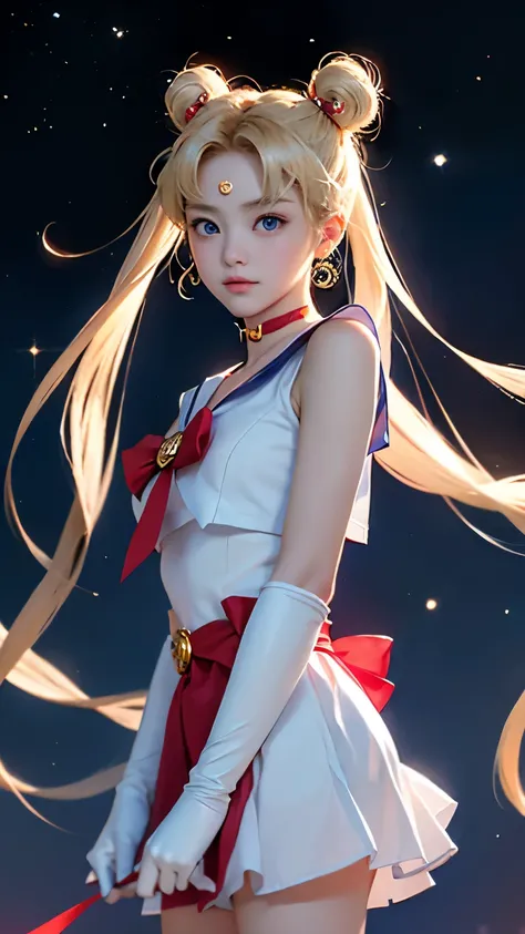 masterpiece、high quality、High resolution、Realistic、professional lighting、Japanese、woman、young、White skin、slender、Sailor Moon, Usagi Tsukino, Sailor Warrior Uniforms, Red choker,Blue Collar, Red ribbon on chest, White gloves, Red ribbon at waist, Very short...