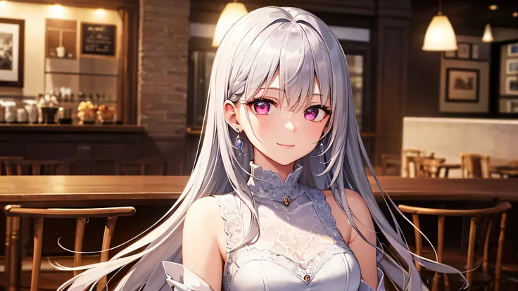 Highest quality, 8k, 4K, High resolution, High Contrast,1girl,only,Beautiful silver hair,(Beautifully detailed face), Clear pink eyes, beautiful eyes, A gentle expression of love, smile, Moderate bust, ２０generation, Wearing diamonds, Beautiful Gems, White ...