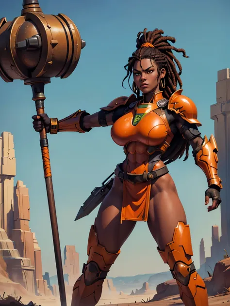 Portrait of African woman in a fighting pose swinging a mace, swinging weapon, fighting, attacking. with (short black dreadlocks), black hair pulled back. wearing a (heavy orange mechanical armor, power armor covering her chest and arms, orange breast plat...