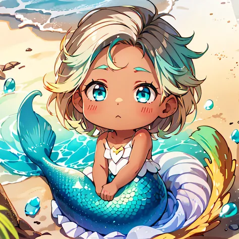 Baby Mermaid Girl, ((((DARK SKIN)))) ((SHORT OMBRE MULTICOLOR HAIR)), Teal Hair Mixed With Brown Hair, White Mermaid Tail, Rune Tattoos, Circlet