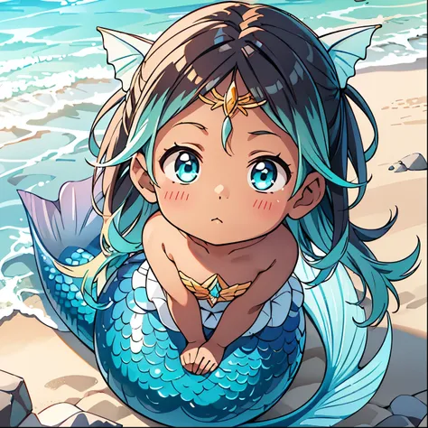 Baby Mermaid Girl sitting in a seashell, ((((DARK SKIN)))) ((Long OMBRE MULTICOLOR HAIR)), Teal Hair Mixed With Brown Hair, MERMAID TAIL, Rune Tattoos, (Gold Circlet), Ear Fins