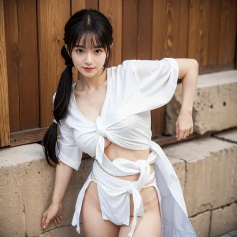 日本people、1people、The most beautiful woman、smile、Shyness、clear、Shiny black hair、((Standing with legs wide open))、Photo Style、length, bangs、Pigtails、light makeup、Standard face、(((Wearing a white Etchu loincloth)))、((Light clothing:0.5))、(She is hiding her br...