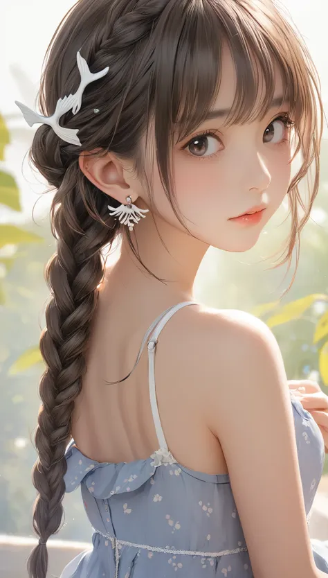 (masterpiece, highest quality:1.2), one girl, alone,bony body、15 years old、fish-bone braid hair、earrings