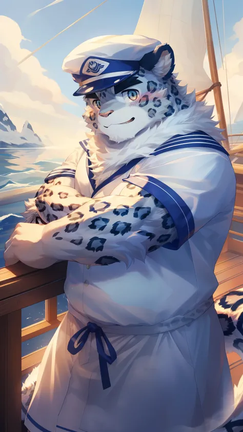 (Vision:1.5), solitary, anthropology, hairy, hairy male, snow leopard, ((Fluffy fur, Fluffy, hairy body)), (snow leopard print), (Thick eyebrows), youth, muscular, pectoralis major, White fur, Blue-gray pupils, defaced face, fundos, sailor, 蓝白条纹sailor服, Wh...