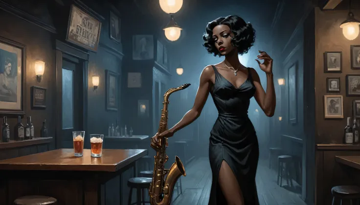 robert johnson, gritty, alabama bar, blue note, charismatic , black dress, illustration, noir fantasy, lone irish lady, sad ending, saxophonist