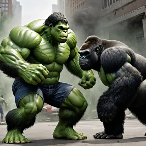 create image real Hulk vs Gorilla, realism, photorealistic, detailed visuals