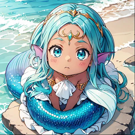 Baby Mermaid Girl, ((((DARK SKIN)))) ((Long OMBRE MULTICOLOR HAIR)), Teal Hair Mixed With Brown Hair, MERMAID TAIL, Rune Tattoos, (Gold Circlet), (((EAR FINS)))