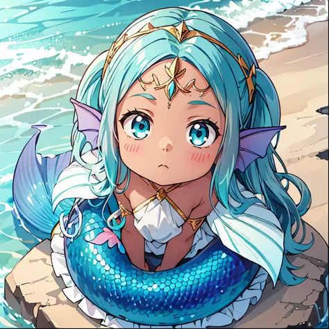 Baby Mermaid Girl, ((((DARK SKIN)))) ((Long OMBRE MULTICOLOR HAIR)), Teal Hair Mixed With Brown Hair, MERMAID TAIL, Rune Tattoos, (Gold Circlet), (((EAR FINS)))