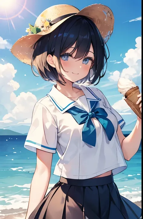 High school girl holding vanilla ice cream cone,short hair,boyish,Black Hair,blue eyes,smile,coastal,sun,Cowboy Shot,Summer uniform,mini skirt,smile,Close ~ eyes