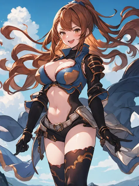 masterpiece, best quality, 1teen_girl,def,beatrix, ponytail, hair ribbon, gauntlets, blue shirt, gloves, cleavage cutout, looking at viewer, big_smile, large breasts, sky_landscape_background ,,happy,covered_nipples,young_teen,full_of_beans,,laugh,blush,op...