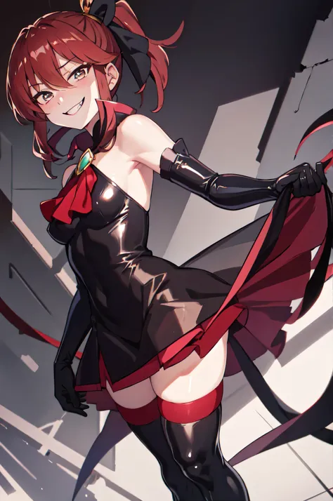 Highest quality, masterpiece, One Girl,Not beautiful, Red Ponytail, Long dress, brooch, Hair Ribbon, - Elbow hand pockets, Black knee socks, Standing on the rubble,  (Wicked Smile:1.1), ,,Dark shadowed face,Sadistic smile,Malice,Contempt,smile,latex,Bad fa...