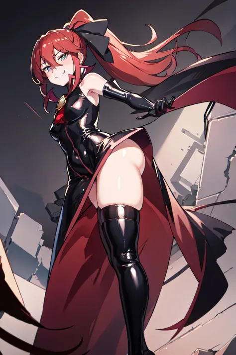 Highest quality, masterpiece, One Girl,Not beautiful, Red Ponytail, Long dress, brooch, Hair Ribbon, - Elbow hand pockets, Black knee socks, Standing on the rubble,  (Wicked Smile:1.1), ,,Dark shadowed face,Sadistic smile,Malice,Contempt,smile,latex,Bad fa...