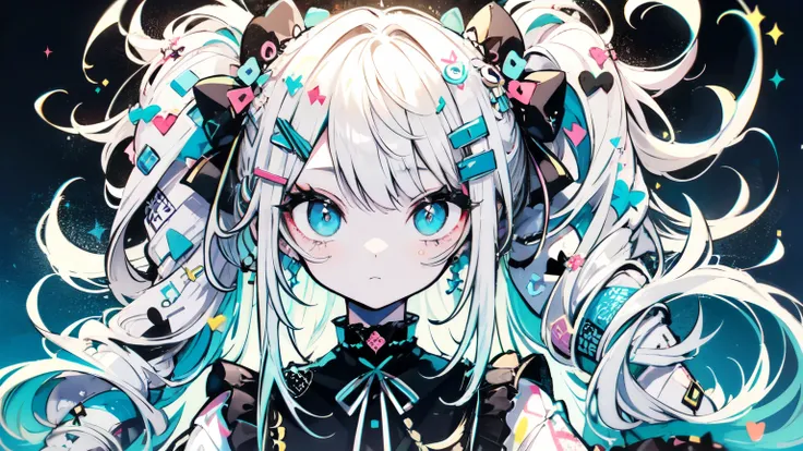 "Cute, pretty silver girl, neon green blue, light blue color scheme. She wears a Lolita-themed outfit. Her clothes are fluffy and soft, with hair clips and other decorative accessories. Trendy Harajuku fashion style that embodies vitality.”