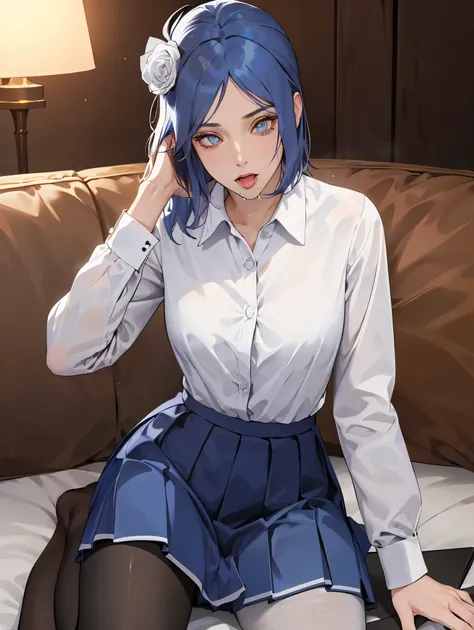 （（danya，konan (naruto),konan, blue hair, Orange pupils, short hair, hair ornament, flower, hair flower, ）））
BREAK ((collared shirt, (white shirt:1.2), long sleeves, pleated skirt, blue skirt, black pantyhose:1.5)) 
BREAK kneeling,indoors,implied fingering,...