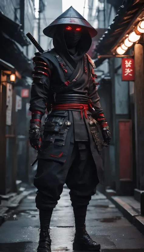 ninja shinobi cyberpunk robot cyborg .big thighs.Wallking street 
two samurais walking down a street at night, yasuke.Ninja wearing conical hat. shinobi Cyborg. Red eyes, devil mask, rain. Dark night. Equipped with Sword on back. Katana on back. Robot. gea...