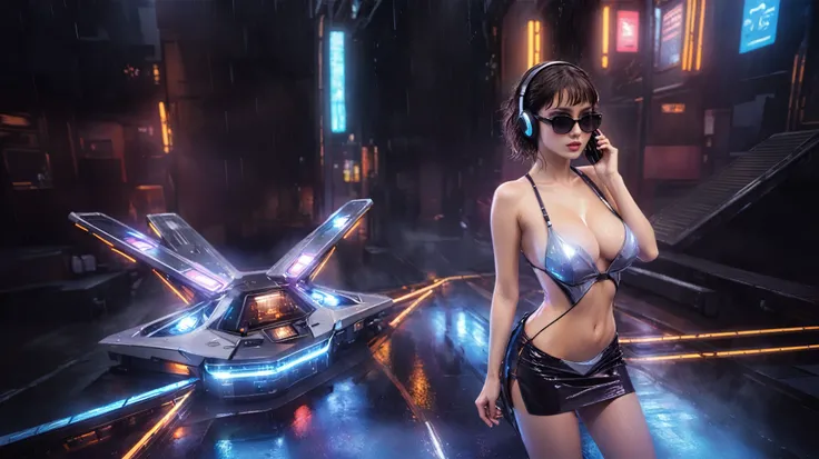 (((aerial view))), Blade Runner style futuristic railway platform, hi-tech train, neon lights, rainy night. (1girl, solo, alone), large-breast:1.2 slim body, cleavage:1.1, sexy wind blowing wet dress:1.4, headphone, (micro:0.8 black sunglasses), ((((((she ...