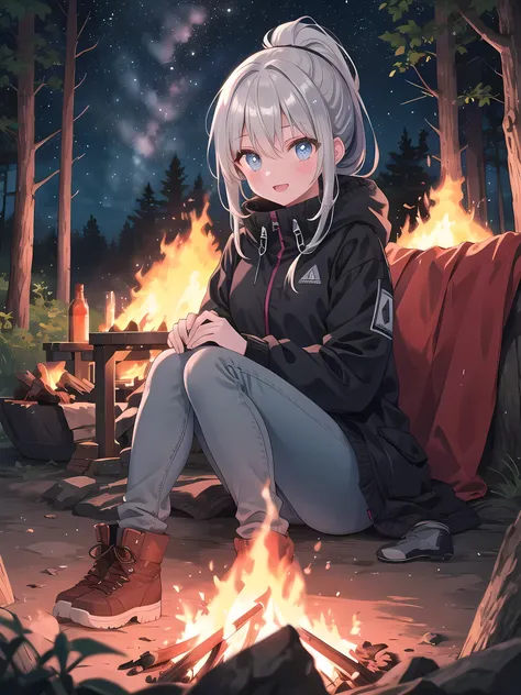 (8k, best quality, master piece: 1.2),super high resolution,1 girl, solo, ((colorshift eyes, hyperdetailed, expressive eyes)), ultra-detailed face, random hair, silver gray color, Ecstatic expression, They are sitting around a campfire in the woods at nigh...