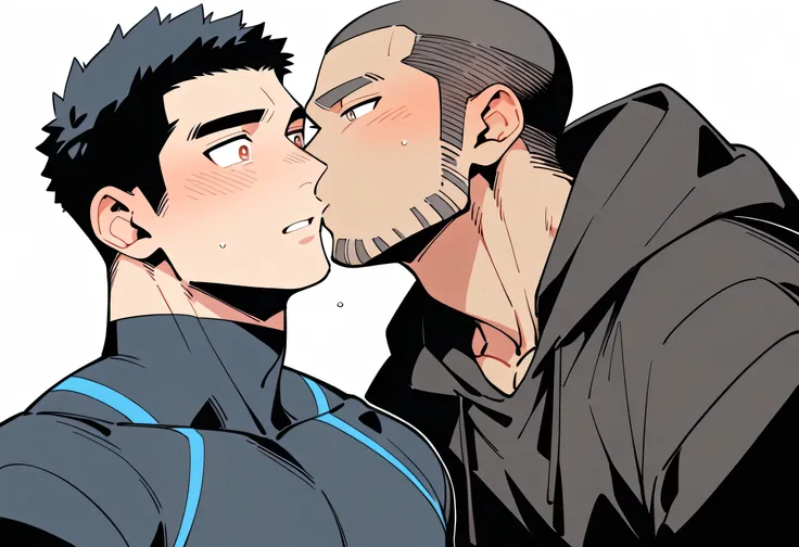 anime characters：Priapus and Dark-skinned muscular athlete, They hugged each other, kiss, Buzz Cut, Manliness, male focus, Sports tight hooded sweatshirt, Very tight, full and perky chest muscles, muscular male, muscular, only, Upper body, alone, Red short...