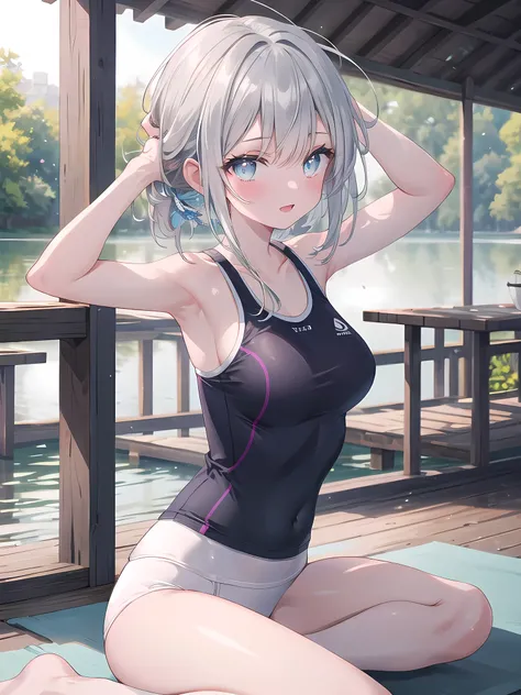 (8k, best quality, master piece: 1.2),super high resolution,1 girl, solo, ((colorshift eyes, hyperdetailed, expressive eyes)), ultra-detailed face, random hair, silver gray color, Ecstatic expression,She is doing yoga by a quiet lake. The soft morning ligh...