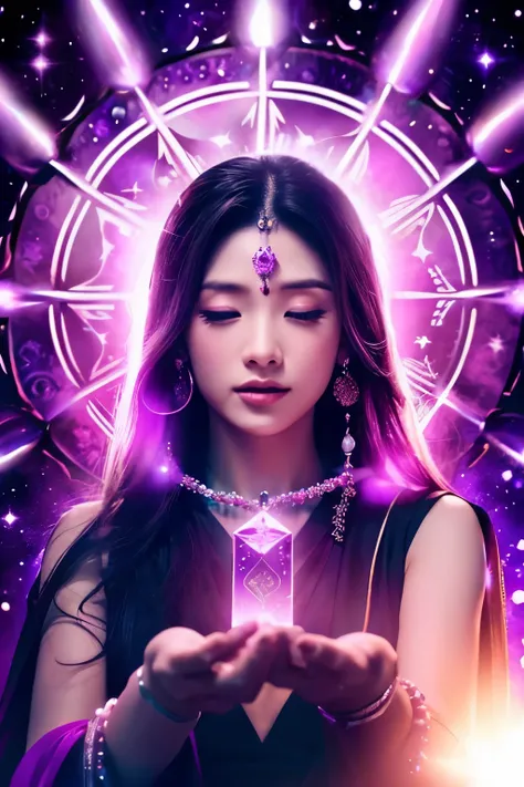 fortune teller、spiritual、Fantasy、mysterious、woman、Purple Background、Crystal horoscope、Face, fingertips and crystal、Positive view、inspiration、Round crystal