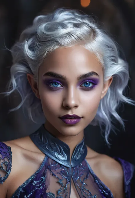 Portrait of a dark elf drow beautiful teenager, Sydney Cole, intricate dress, soft smile, huge natural lips, short silver white hair, blue-grey eyes, dark purple skin, realism, digital painting, concept art, smooth, sharp focus, rule of thirds, Style-Psych...