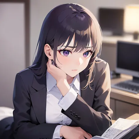 side angle, (looking away:1.5), Upper Body, Realistic, real person, (pale skin: 1.2), RAW photo, photorealistic, shiny skin, shiny hair、(A 25-year-old woman with straight hair and bangs) and (medium hair) and (black hair) and (purple eyes) , (business suit...