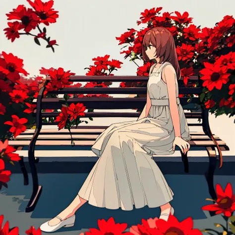 Summer, girl sitting on bench, red flowers, white clothes, brown hair, short, light gray background