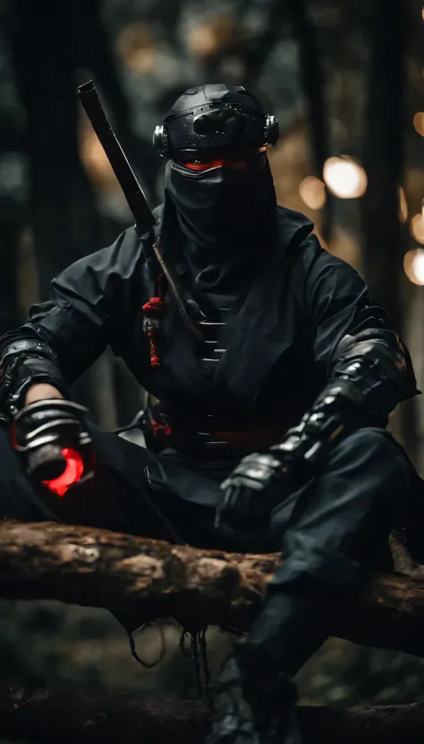 ninja shinobi cyberpunk cyborg robot .sitting on a tree branch.big thighs, at night, yasuke.Ninja wearing a hat. Cyborg shinobi. Red eyes, devil mask, rain. The dark night. Equipped with Sword at the back. Katana is in the back. Robots. Gear. screws. lamp....