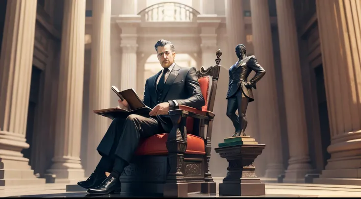 Sculpture of a rich and highly detailed executive man sitting on a stone chair, Position of authority Holding an open book titled The Wall Street Handbook of Wealth