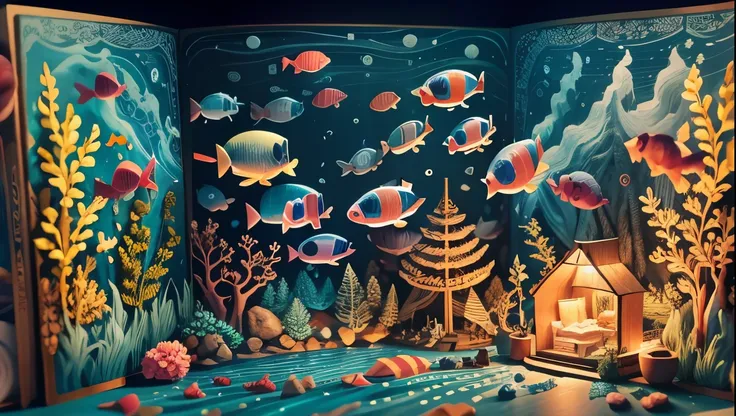 （Pop-up Books：1.5），（deep sea exploration），（Colorful、Highest quality、Attention to detail、masterpiece、Folk art、Cinematic Lighting Effects、4K、Chiaroscuro）