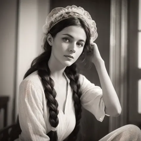 arafed photo of a woman with a braid in her hair, in her early 20s, maria fortuny, marianne collins, nadezhda tikhomirova, photo...