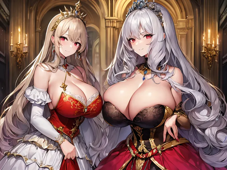 moe anime artstyle,Masterpiece,Best Quality,Super Detail,(Very Delicate and Beautiful),full body,((full body portrait)),(((one Silver-haired middle age queen and one blonde-haired teenage princess))),(((Mature mother and teen daughter stare at each other))...