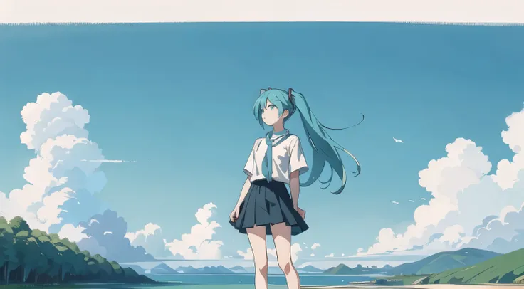 masterpiece, Highest quality, Super detailed, Standing under the vast blue sky, Hatsune Miku, Casual and natural summer outfit, Minimalist composition