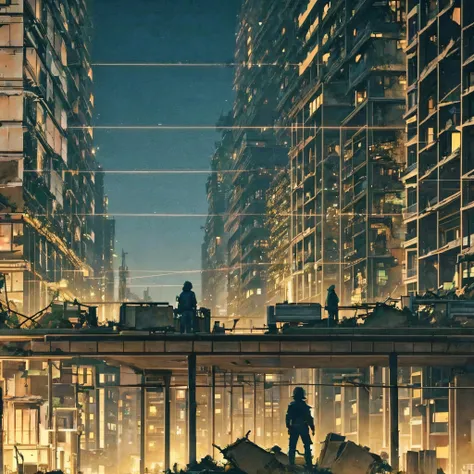 Night Scenery、 in a dark and Destroyed city, With a touch of lighting, Anime scenery, Decayed City, poorly lit, walking in the city, Destroyed city