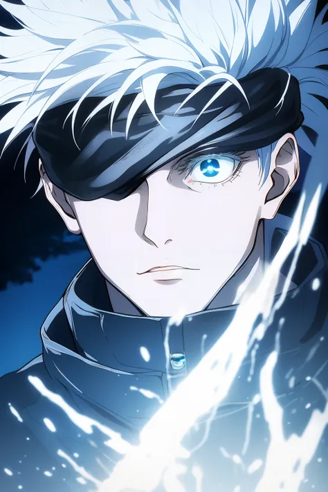 gojou satoru, 1boy, male focus, solo, full body, blue eyes, blindfold, white hair, night, one eye covered, parted lips, high collar, looking at viewer,