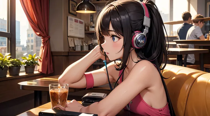 Girl with headphones enjoying music in a cafe I am studying Emphasize a little bit of the chest