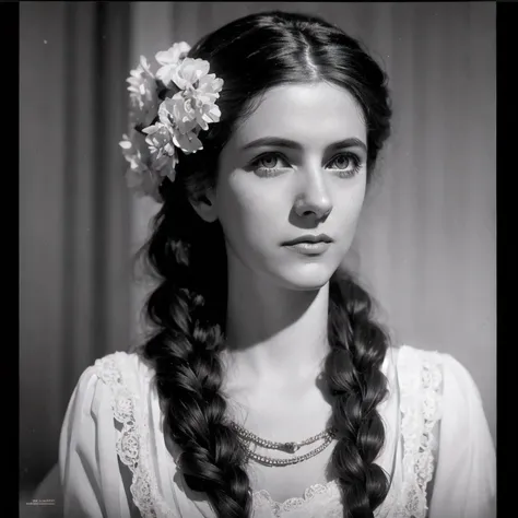 arafed photo of a woman with a braid in her hair, in her early 20s, maria fortuny, marianne collins, nadezhda tikhomirova, photo...