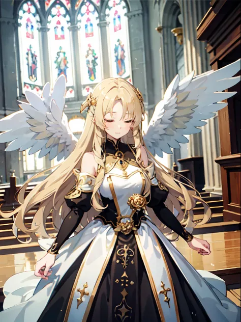 ((Highest quality)), ((masterpiece)), (detailed), Perfect Face, Perfect Arms, Perfect hands, Perfect Fingers, anime, Ultra-fine illustration, One girl, goddess, {(Angel Wings)}, (Close ~ eyes:1.3), Blonde Long Hair, (Hair stands on end:1.3), church, indoor...