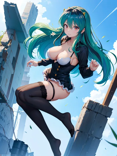 (1 Girl),(high quality), (High resolution), (Very detailed), (8k),(Demolition paperback correct)、Urusei Yatsura、Ram-chan、((Sexy Lingerie))、((Focus on the whole body))、Nipple Shape、((Black knee-high stockings))、Hair messed up by the strong wind、Neutral Whit...