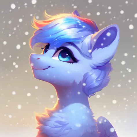 rating_safe, score_9, fluffy, feral pegasus pony,Bad，round cute face,very (((light blue  body))), (((snow-white short mane))) Half-long mane，Gentle and clear light blue eyes，Gentle smile