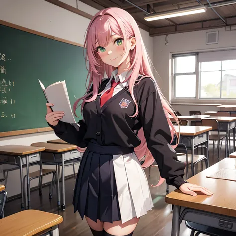 An 18-year-old anime girl with large jade green eyes and a curious gaze is standing in a high school classroom. Her long, waist-length pink hair is styled in soft waves, and she is dressed in a classic high school uniform: a white blouse with a red ribbon ...