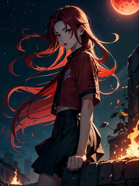 Skirt. Red lipstick. Runes. 火. 火rote Haare. Red hair. Red eyeliner. Red Moon. More anime. male. Long hair. Boy.