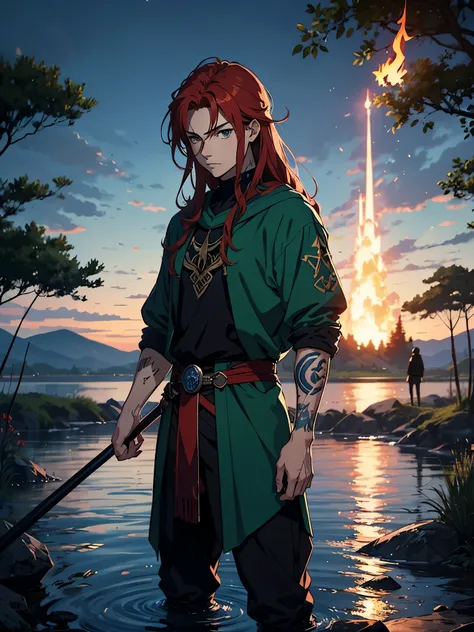 Norse god. Runen magier. Runes. Runenschrift. Runen Tattoo. More anime style. blue flames. 2d. flatter. anime style. Green clothing. Viking clothing. soft. More anime. Standing in a lake. More anime. More 2d. Clean. More anime. 2d. Glow. Red hair. More ani...