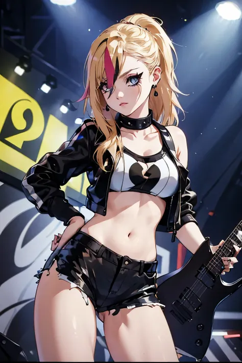 realistic:1.2, Rocker girl wearing a leather jacket,slim body shape、Normal bust size,  full body shot, １two electric guitars, clothes with spikes,white tank top、Navel exposed、low rise leather shorts,tattoo,earrings dark lipstick, blue eyes,blonde twintail ...