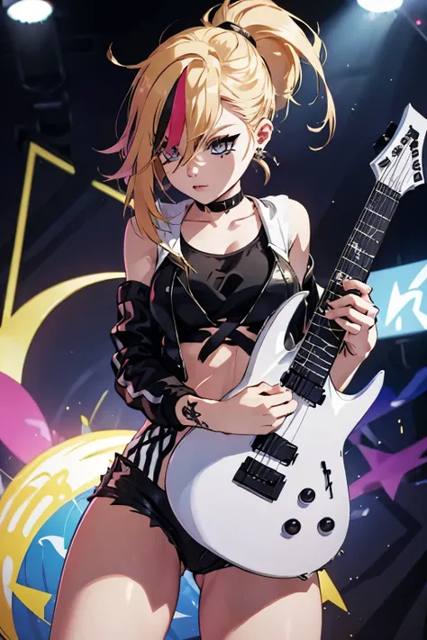 realistic:1.2, Rocker girl wearing a leather jacket,slim body shape、Normal bust size,  full body shot, １two electric guitars, clothes with spikes,white tank top、Navel exposed、low rise leather shorts,tattoo,earrings dark lipstick, blue eyes,blonde twintail ...