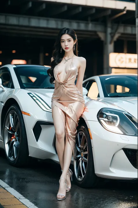 (((best quality))),(((ultra detailed))),(((masterpiece))),illustration,((1girl,gorgeous female model,solo)),((earrings,crystal necklace)),((slim,thin)),((small breasts,flat chest)),(slender legs:1.2),(high heels:1.2),(standing:1.3),(arms behind back:1.3),(...