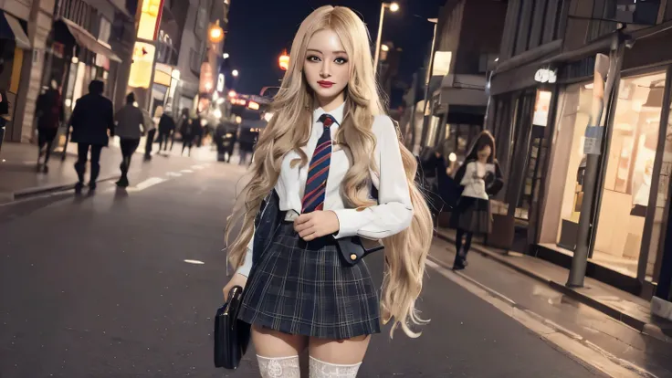 high detail, hyper hd, masterpiece, textured skin, 4K, best quality,Standing on the street,Blonde long hair ,Full Shot,high heel,short skirt,stockings