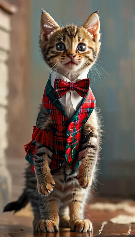 “A high-resolution, full-body shot of a kitten standing on its hind legs like a human. The kitten is wearing a tartan check vest, a red bow tie, and checkered pants. The kitten has short legs and is standing upright in a front-facing position. The image sh...