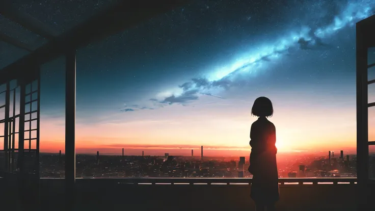 japanese cartoon movies,silhouette,1 woman, star (sky), cloud, cityscape, building, city, outdoors, skyscraper, city lights, night, night sky, sunset, skyline