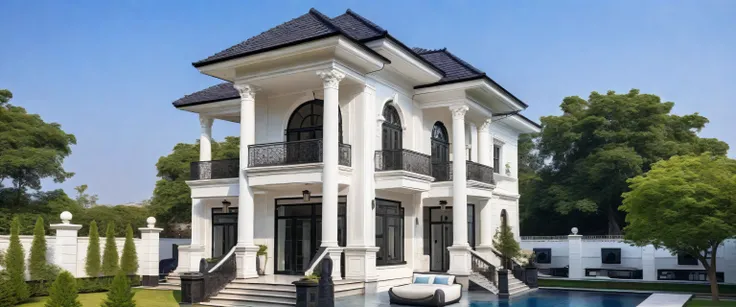decked house with pool and patio with a patio and dining room, well-designed masterpiece, vivid and detailed, smooth and clean lines, neo-classical, neo-classical, Residential design, exterior design, render to resolute perfection , clean line, rich house,...